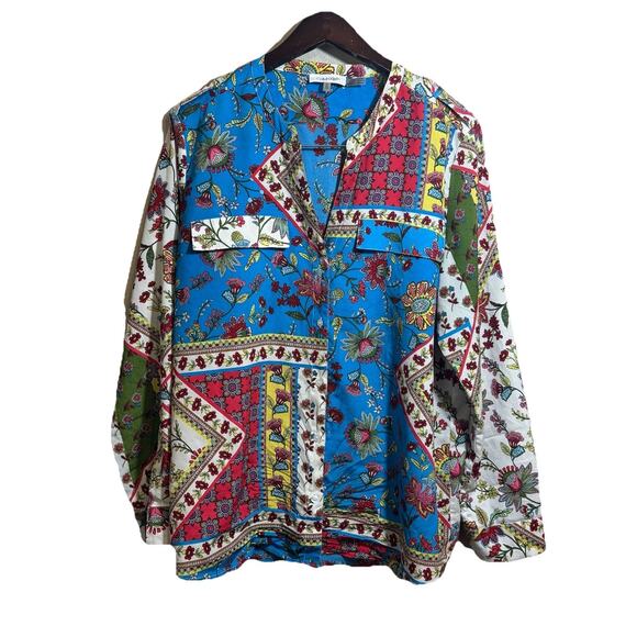 Calvin Klein Women's Long Sleeve Multicolored V-Neck Floral Blouse Size XL - Picture 1 of 8
